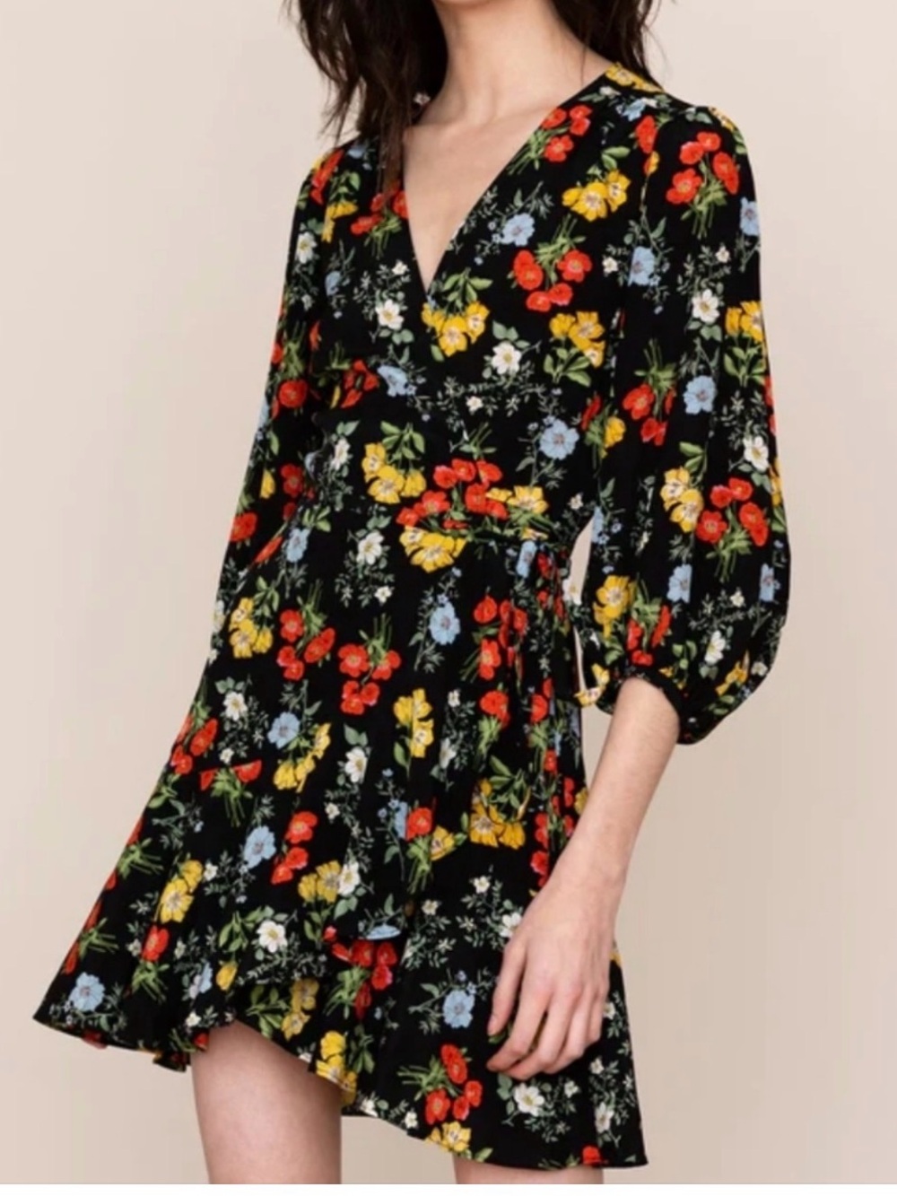 Yumi Kim Black Floral Love Wins Mini Wrap Dress Small Ruffle Hem Viscose Summer